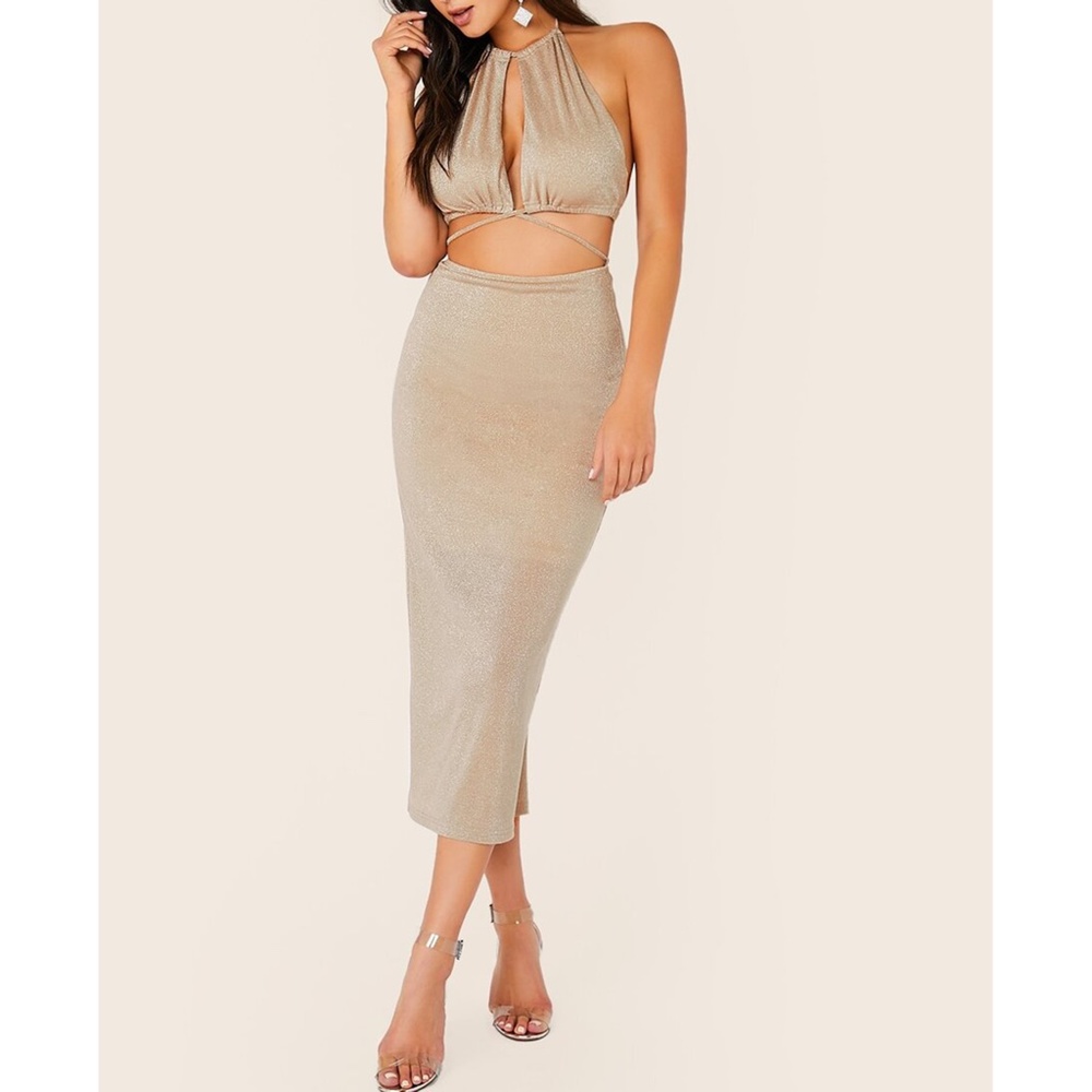 Nude Glitter Cut Out Halter Bodycon Midi Dress - Picture 3 of 6